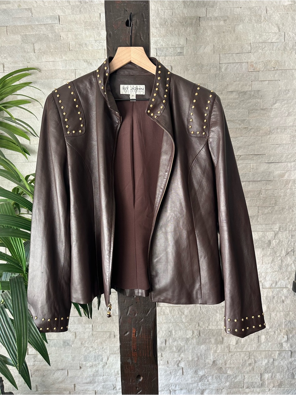St. John Chocolate Brown Lamb Leather Gold Stud Silk Lined Jacket Size 12